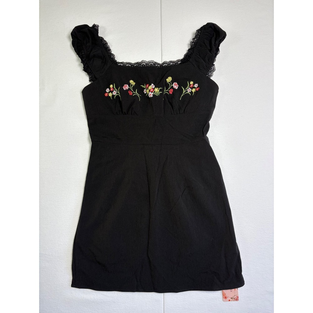 SHEIN MOD Black Floral Embroidered Lace Trim Mini Dress Size‎ M NWT Cottagecore